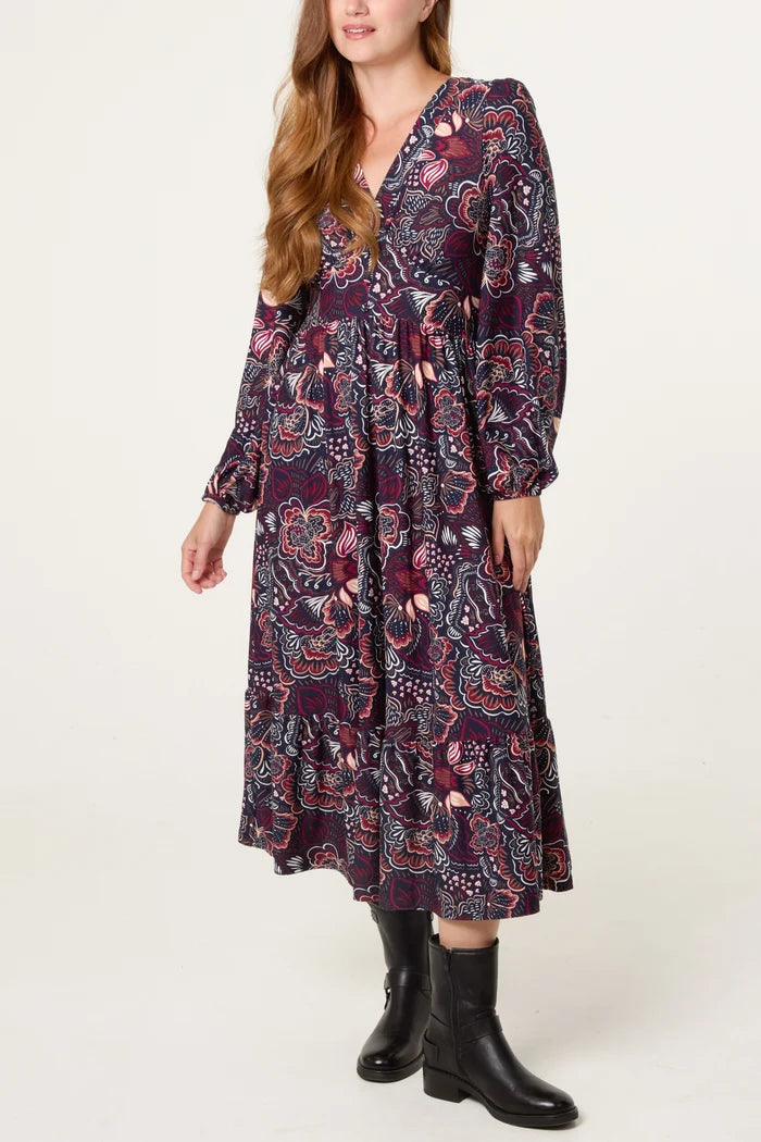 70s Style Navy Floral Midi Dress