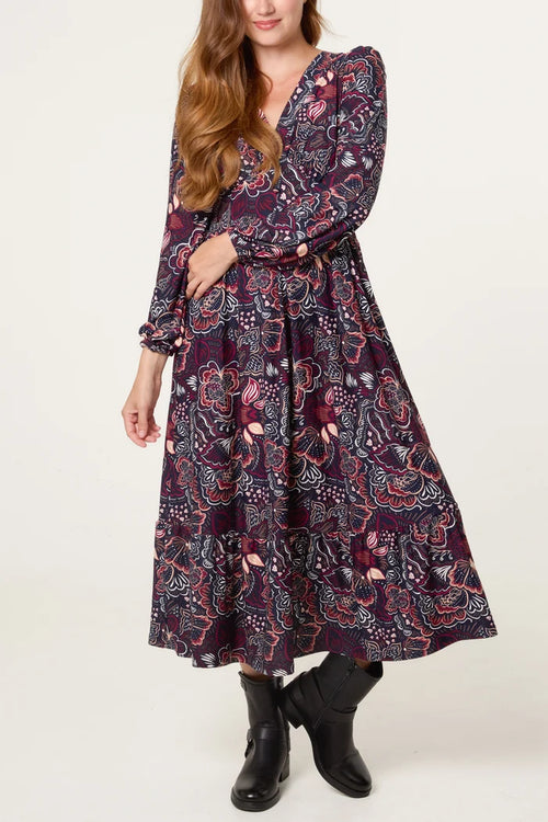 70s Style Navy Floral Midi Dress
