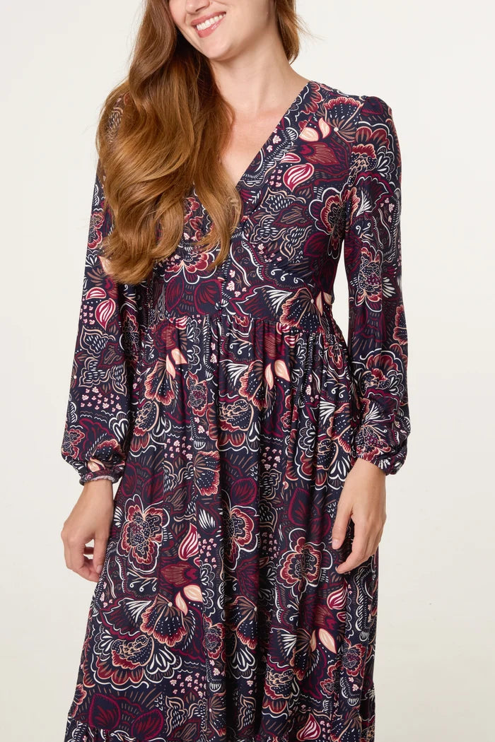 70s Style Navy Floral Midi Dress