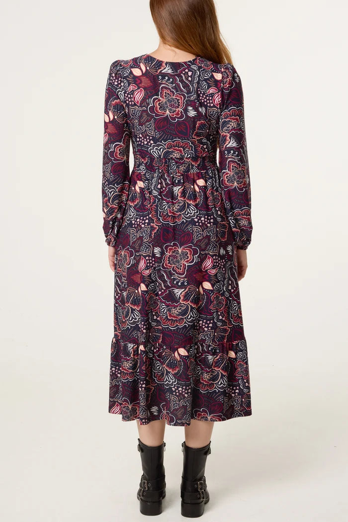70s Style Navy Floral Midi Dress