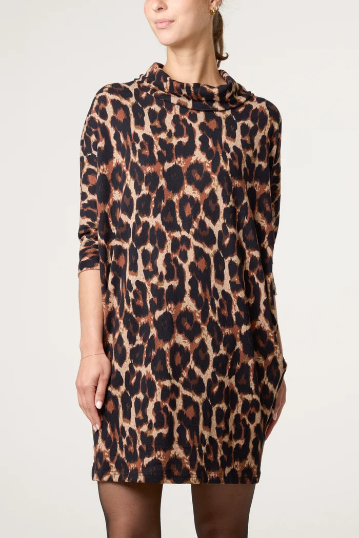 Leopard Print Cowal Neck Mini Dress