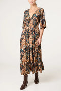 70s Style Chocolate Leaf Print Dress