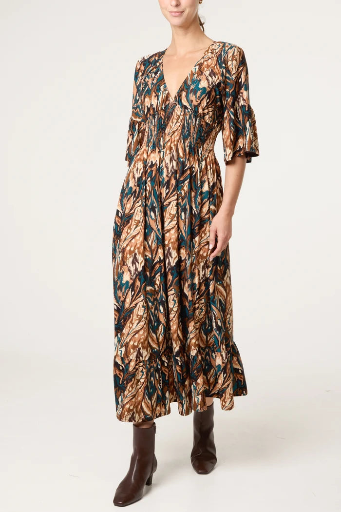 70s Style Chocolate Leaf Print Dress