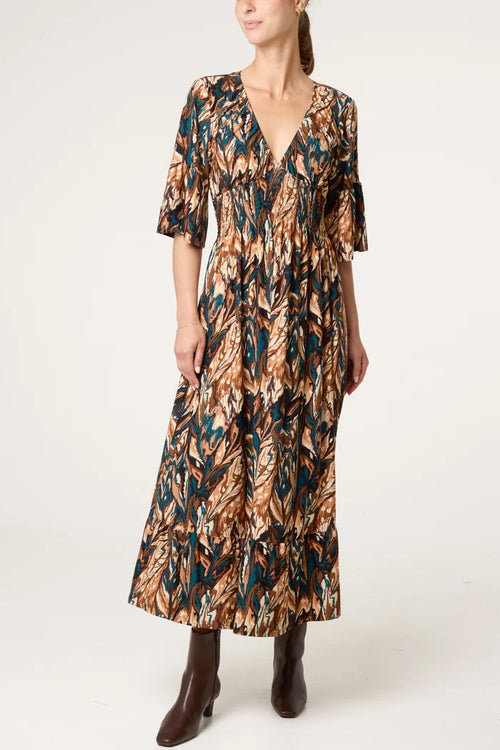 70s Style Chocolate Leaf Print Dress