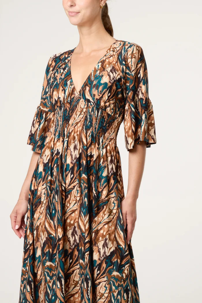 70s Style Chocolate Leaf Print Dress