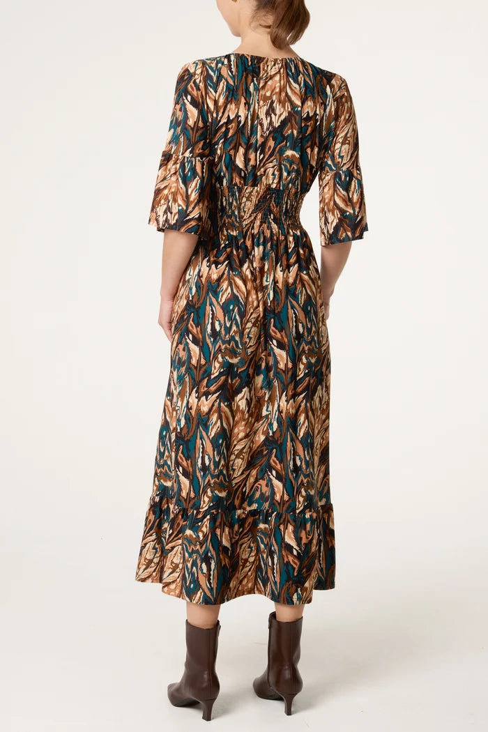 70s Style Chocolate Leaf Print Dress