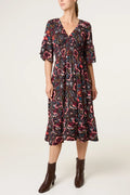 Bold Autumn Floral 70s Style Midi Dress