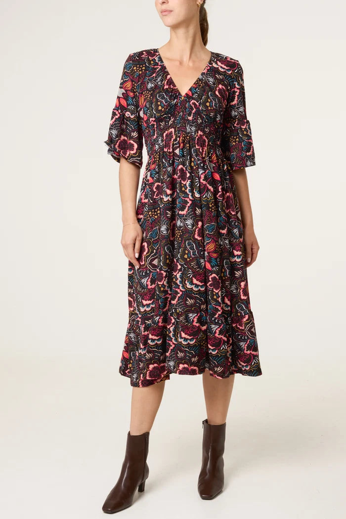 Bold Autumn Floral 70s Style Midi Dress