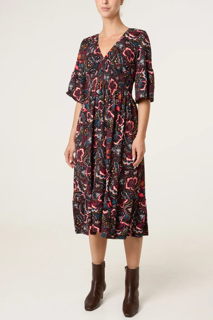 Bold Autumn Floral 70s Style Midi Dress