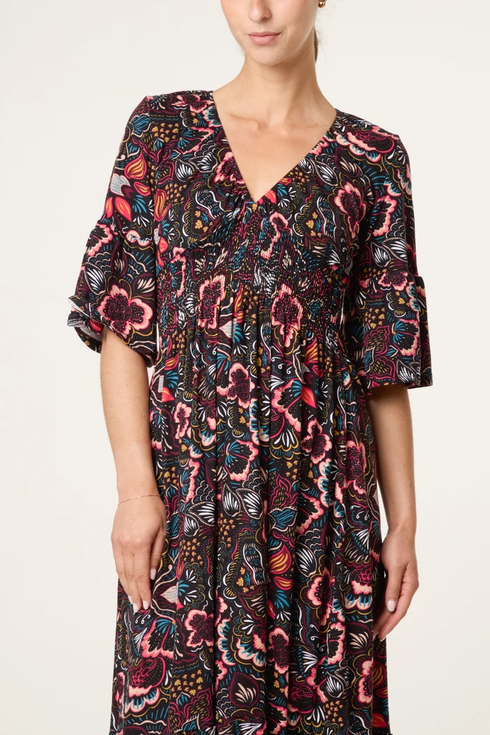 Bold Autumn Floral 70s Style Midi Dress