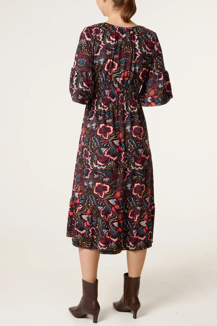 Bold Autumn Floral 70s Style Midi Dress