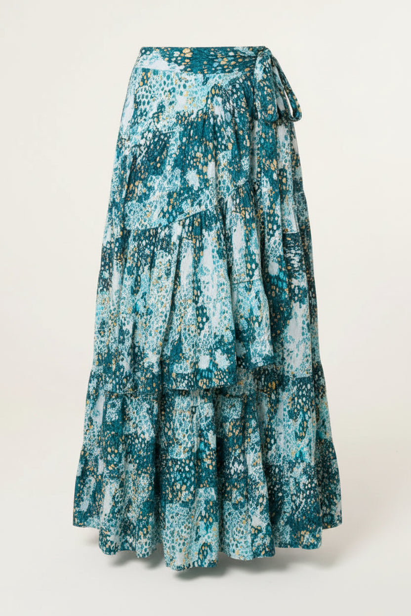 Teal Leopard Frill Wrap Maxi Skirt