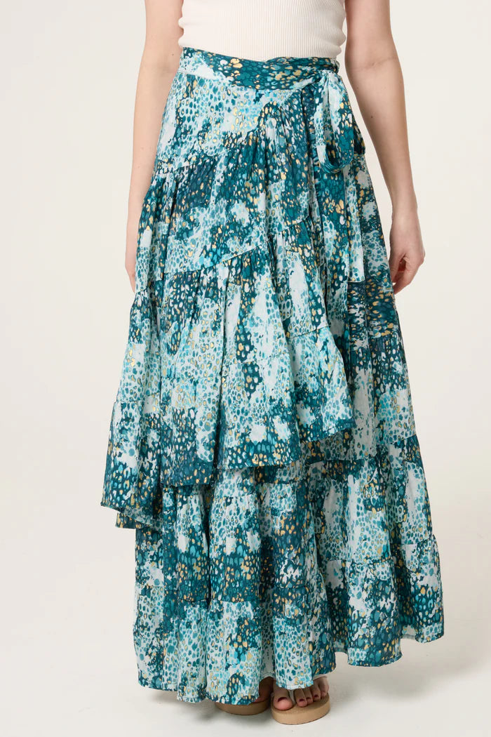 Teal Leopard Frill Wrap Maxi Skirt