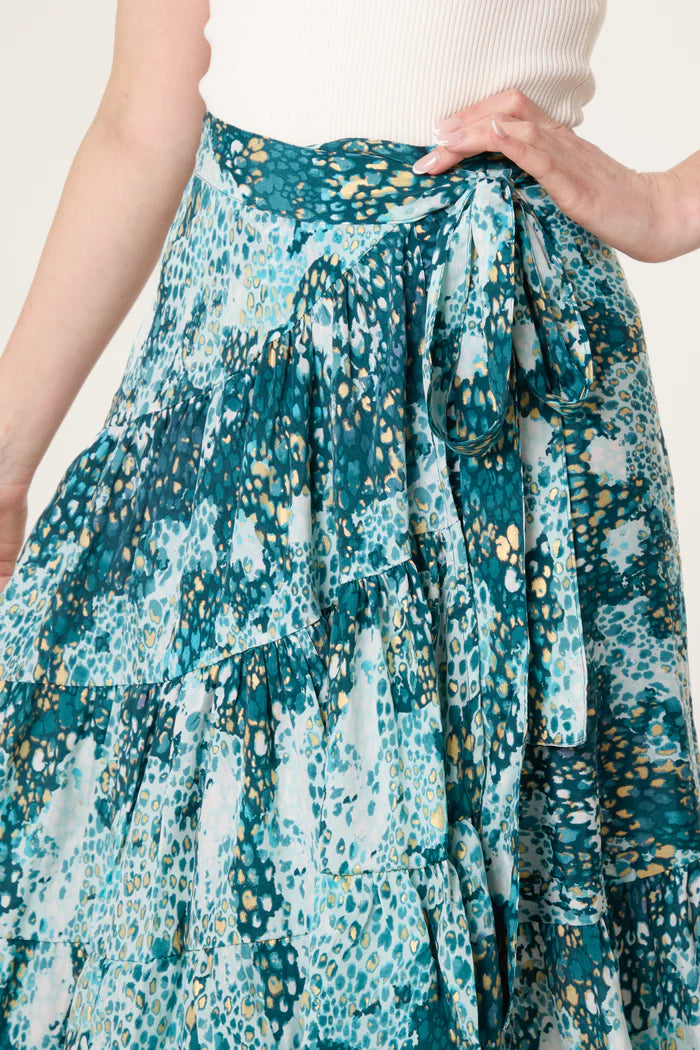 Teal Leopard Frill Wrap Maxi Skirt