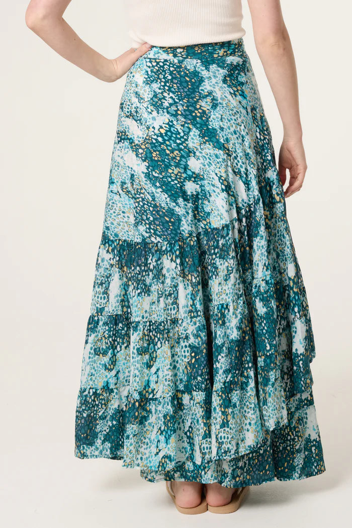Teal Leopard Frill Wrap Maxi Skirt