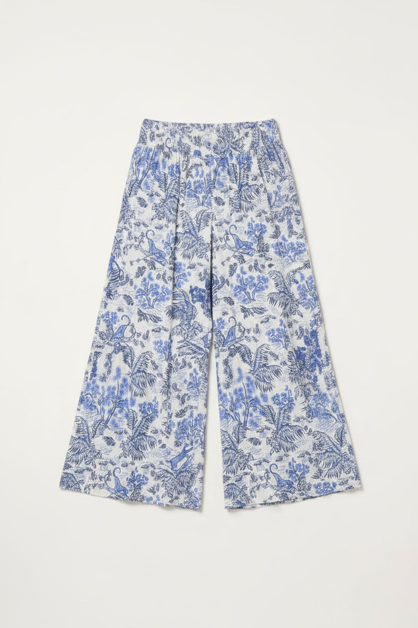 Blue Jungle Print Wide Leg Trousers