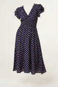 Navy Polka Dot Print Shirred Dress