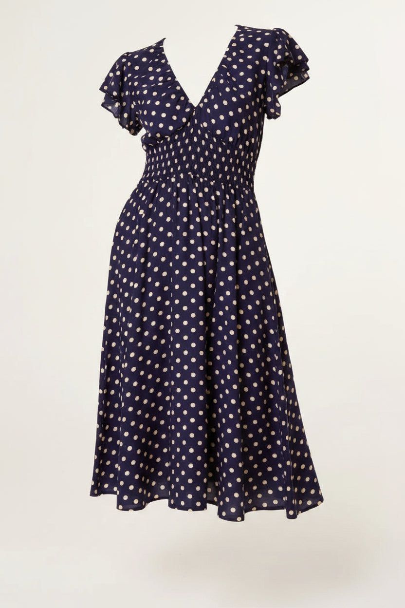 Navy Polka Dot Print Shirred Dress