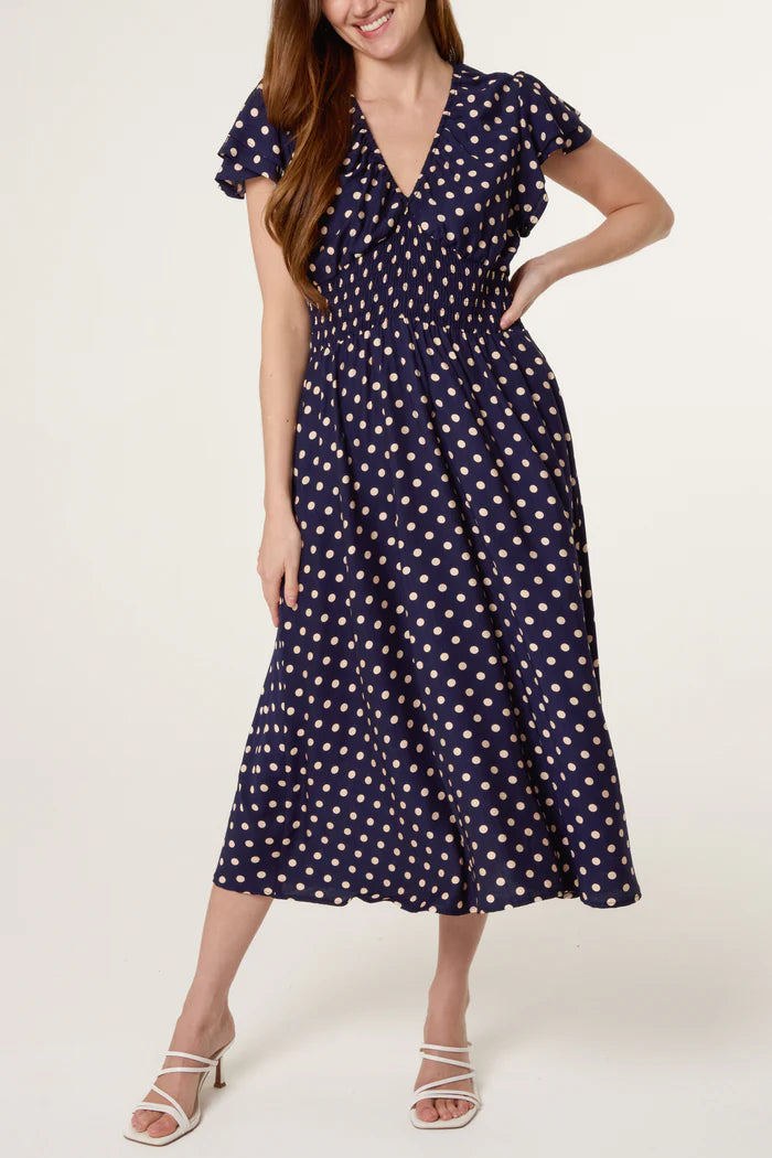 Navy Polka Dot Print Shirred Dress