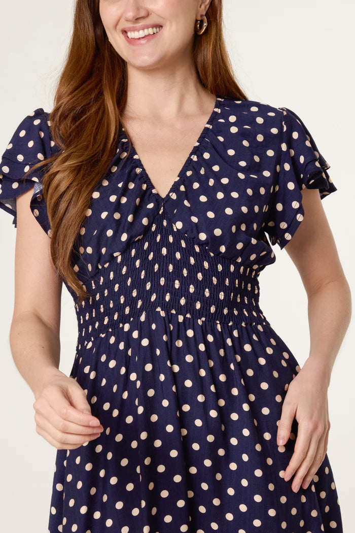 Navy Polka Dot Print Shirred Dress