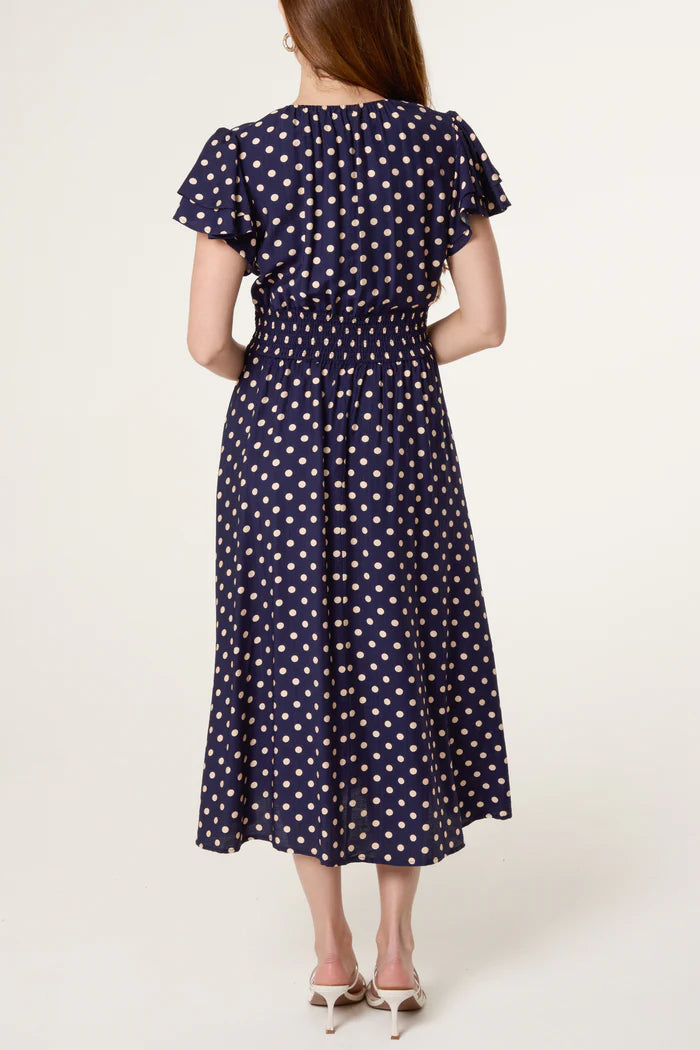 Navy Polka Dot Print Shirred Dress