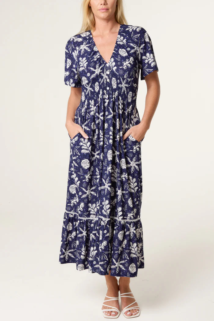 Navy Stretch Summer Print Maxi Dress