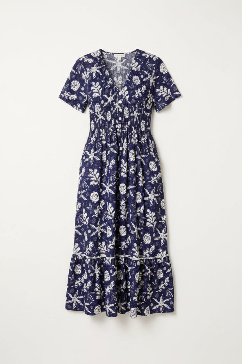 Navy Stretch Summer Print Maxi Dress