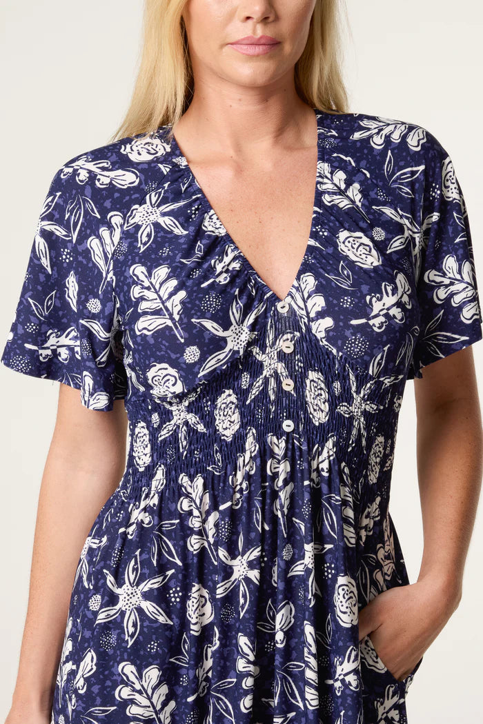 Navy Stretch Summer Print Maxi Dress