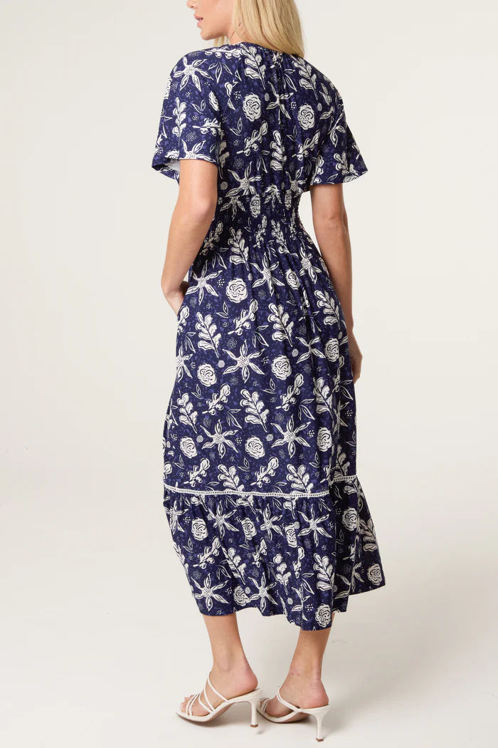 Navy Stretch Summer Print Maxi Dress
