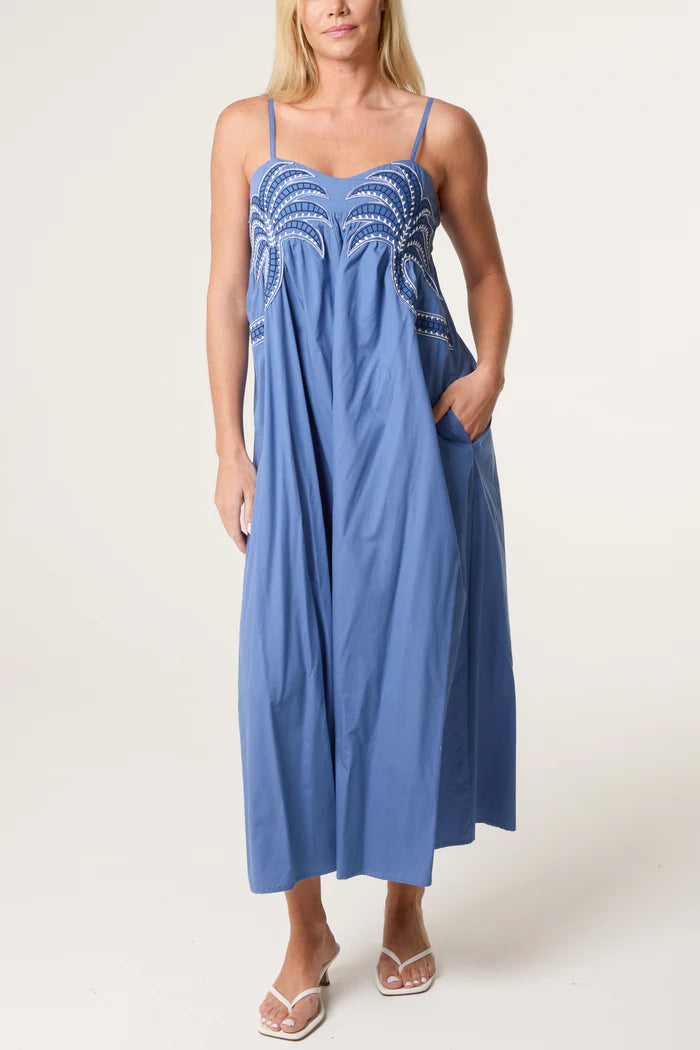 Palm Tree Embroidery Cotton Sundress