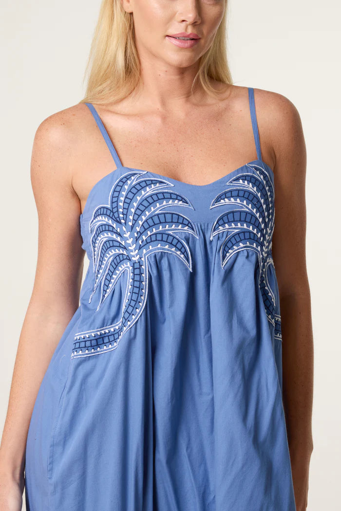 Palm Tree Embroidery Cotton Sundress
