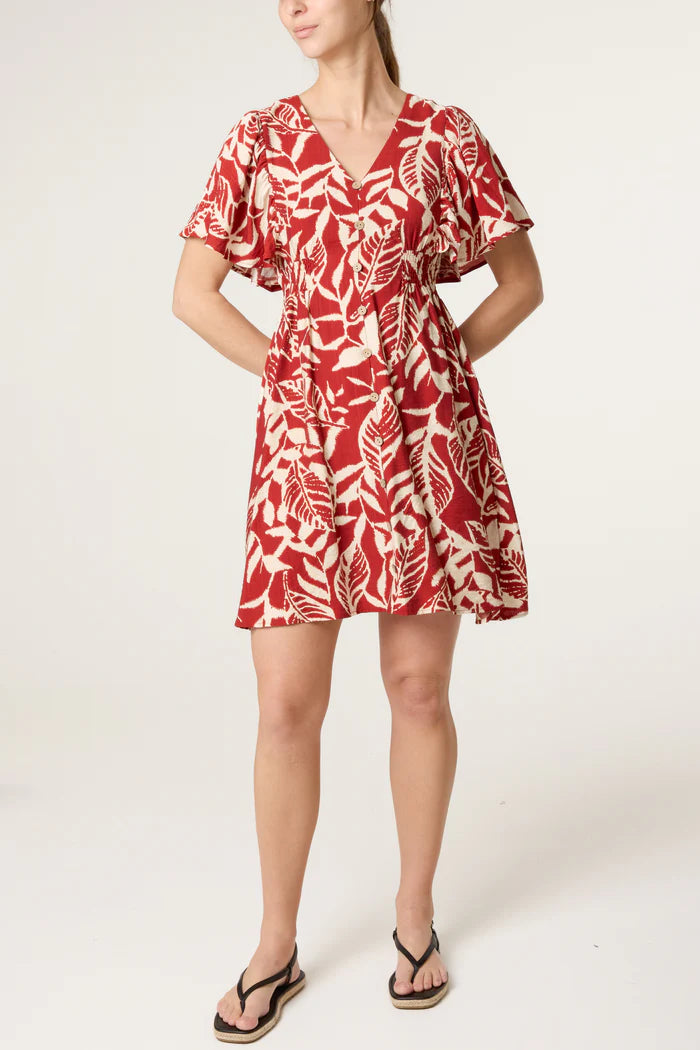 Rust Leaf Print Mini Dress