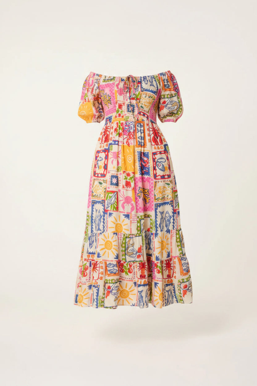 Tie Front Shirred Postcard Print Dress