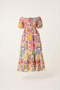 Tie Front Shirred Postcard Print Dress