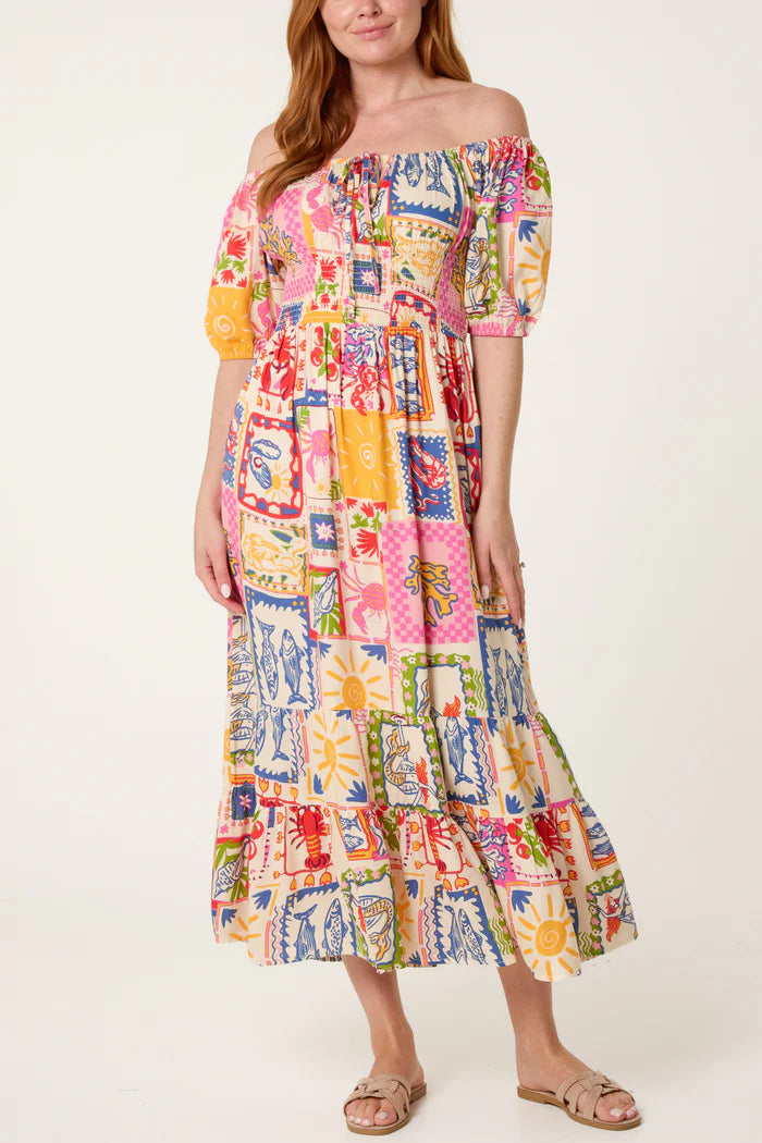 Tie Front Shirred Postcard Print Dress