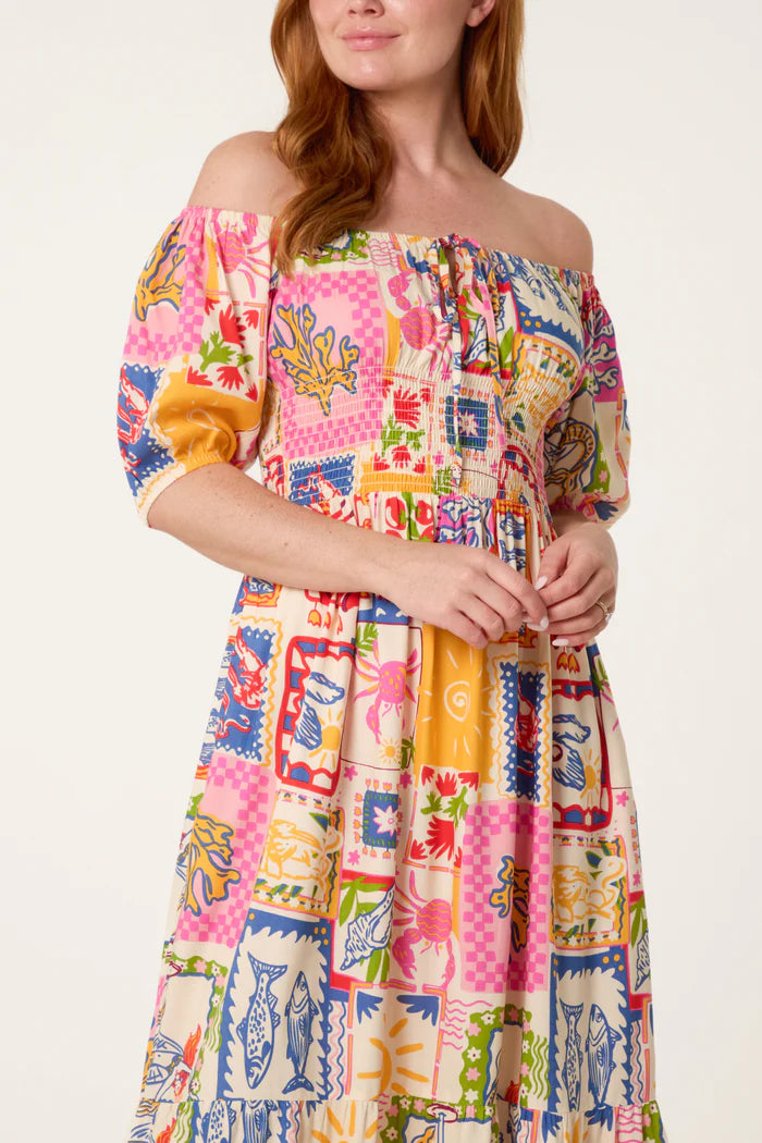 Tie Front Shirred Postcard Print Dress