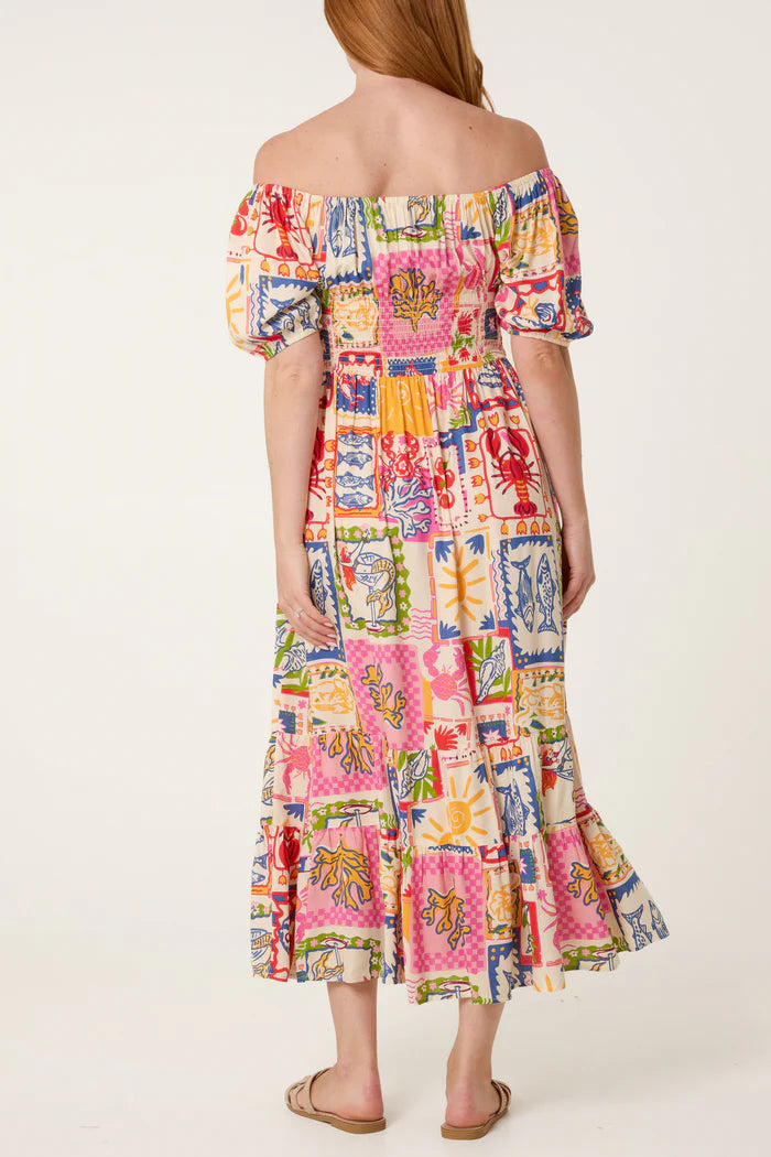 Tie Front Shirred Postcard Print Dress