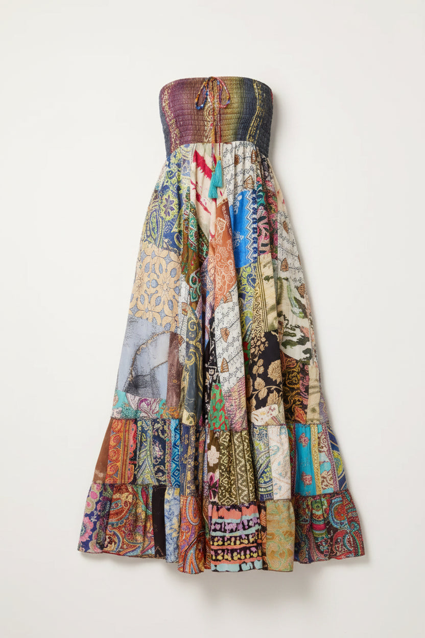 Vintage Patchwork Silky Bandeau Dress