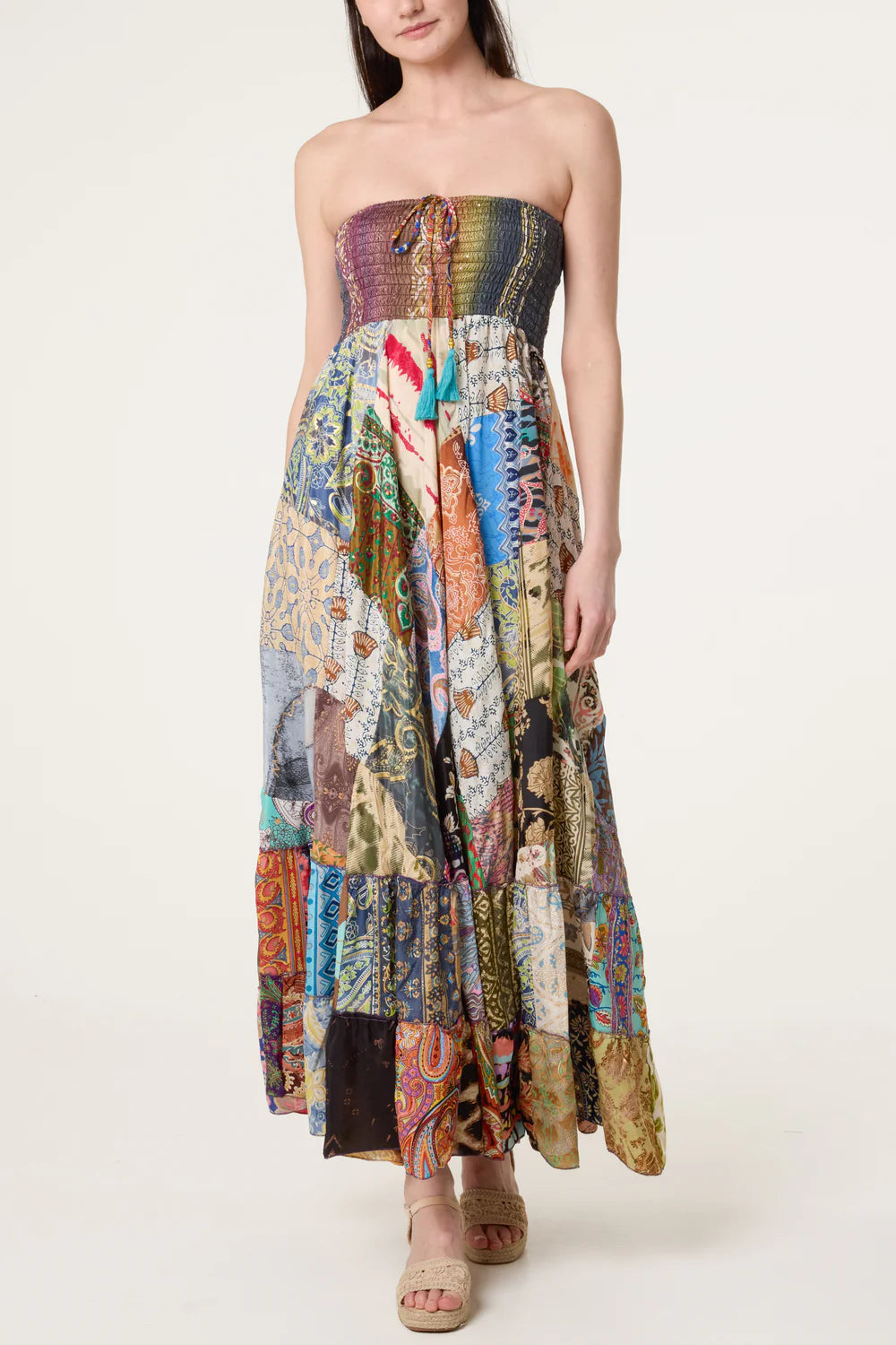 Vintage Patchwork Silky Bandeau Dress