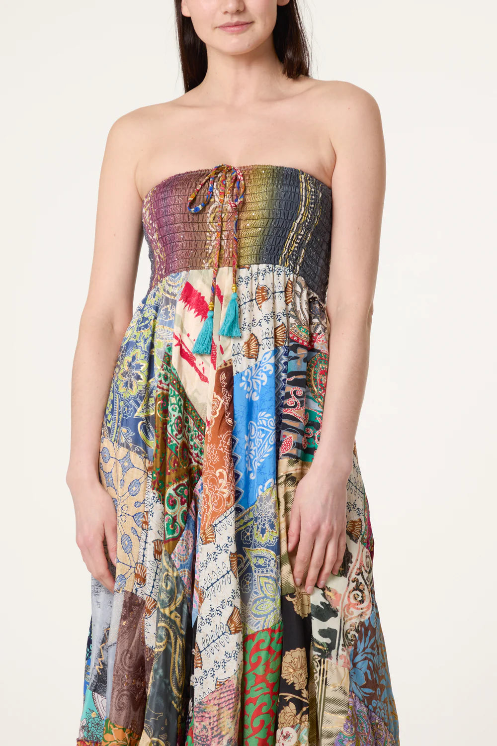 Vintage Patchwork Silky Bandeau Dress