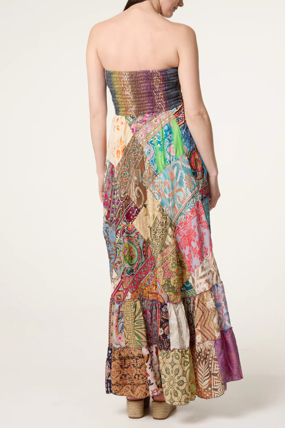 Vintage Patchwork Silky Bandeau Dress