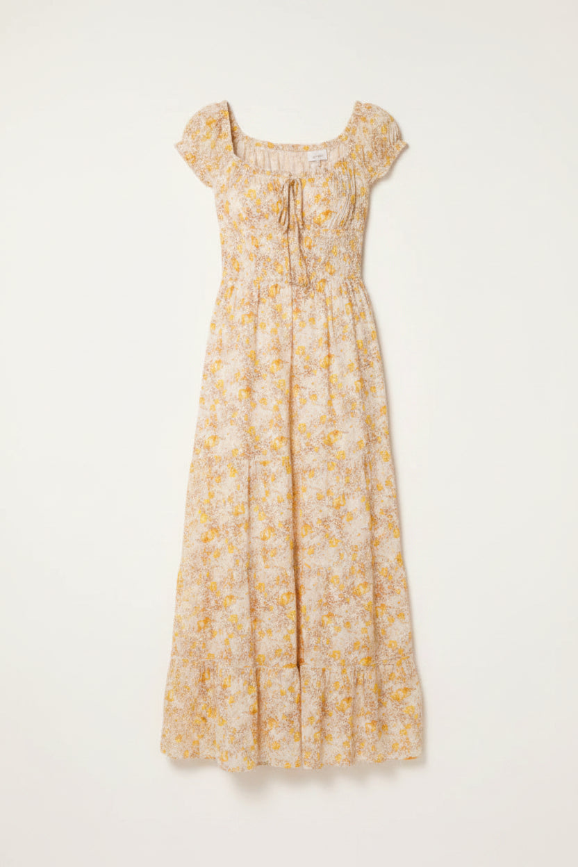 Yellow 70s Style Floral Maxi Dress