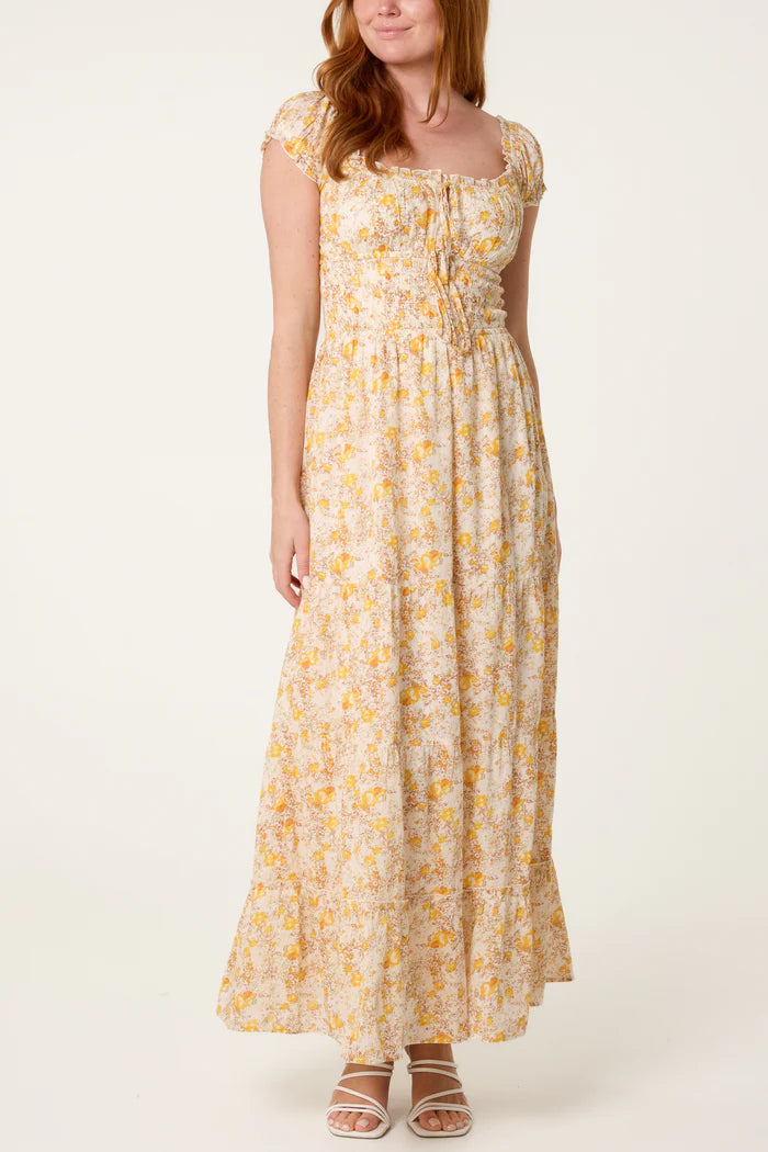 Yellow 70s Style Floral Maxi Dress