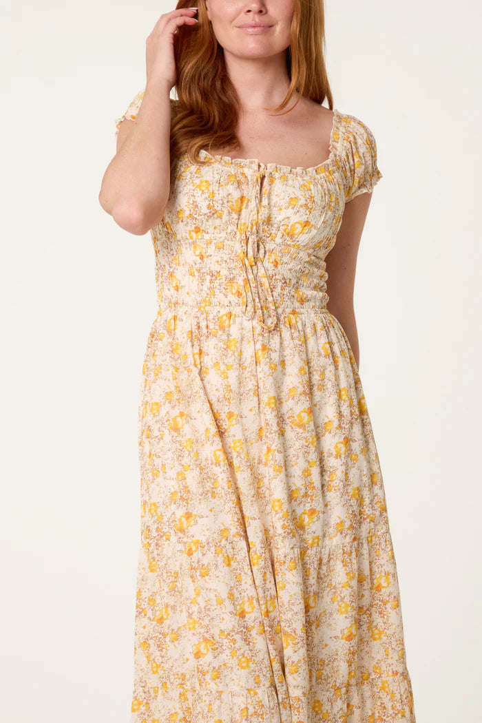 Yellow 70s Style Floral Maxi Dress