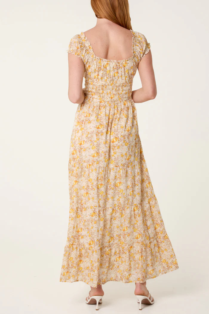 Yellow 70s Style Floral Maxi Dress