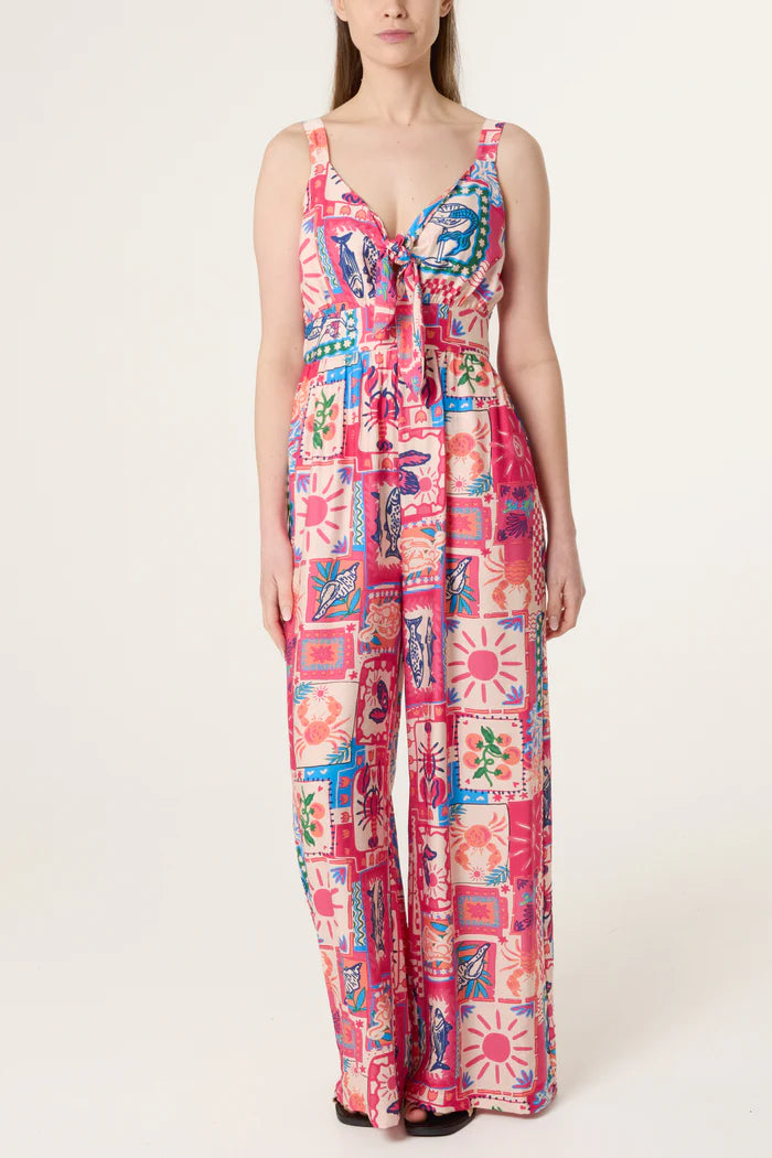 Retro Style Postcard Print Jumpsuit