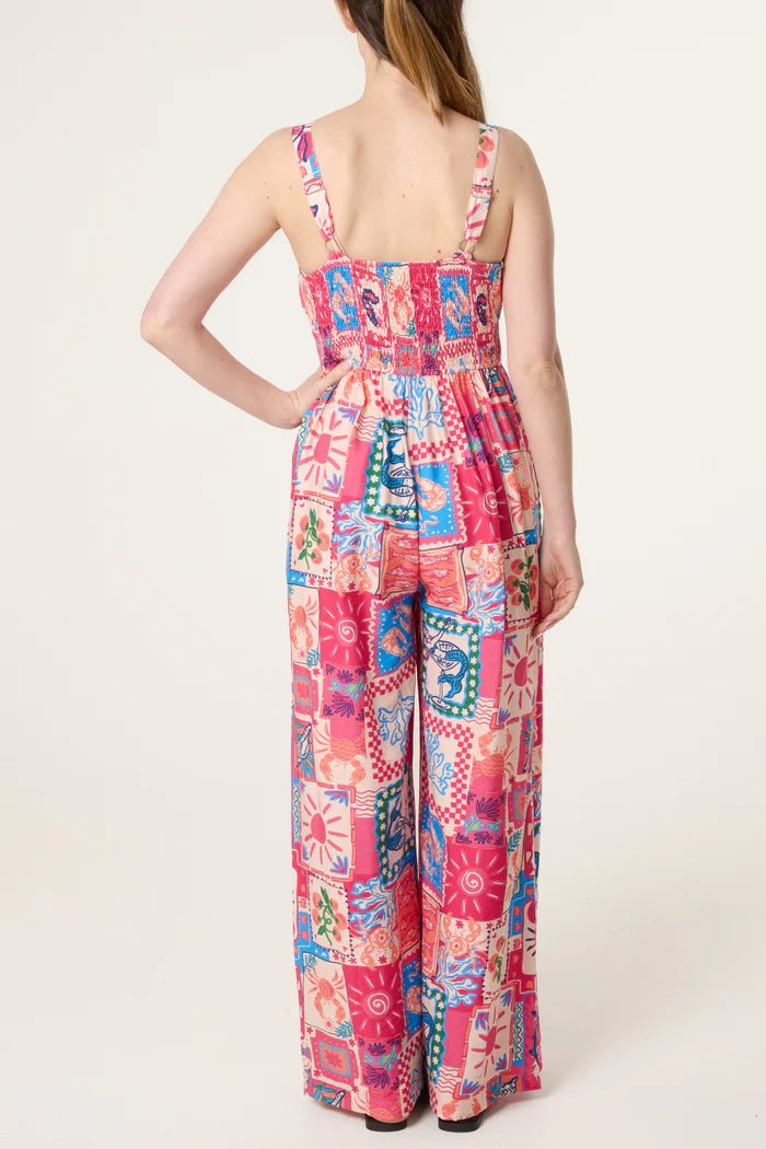 Retro Style Postcard Print Jumpsuit