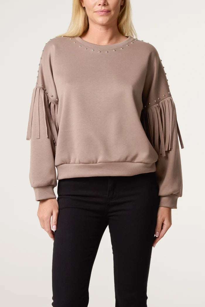 Mocha Studs And Fringe Sweatshirt