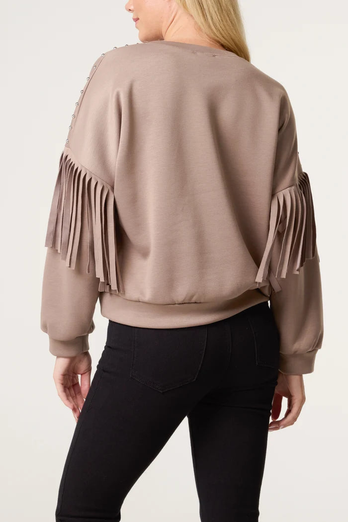 Mocha Studs And Fringe Sweatshirt