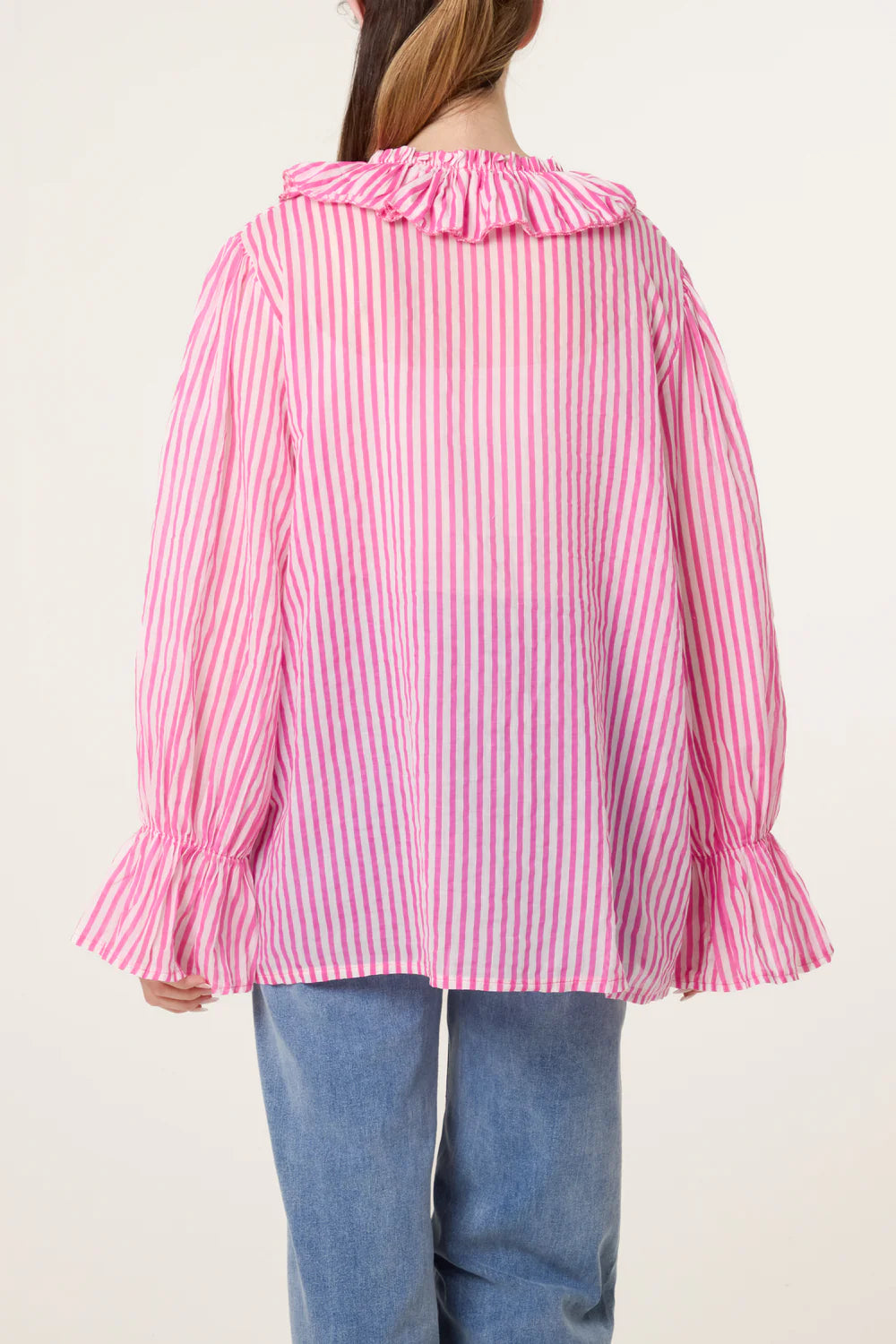 Pink Stripe Frill Cotton Shirt